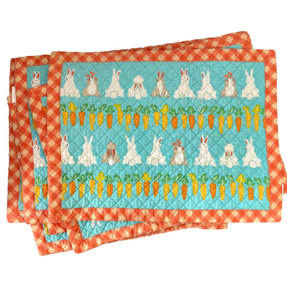 Rabbits & Carrots Themed Quilted Placemat Set of 6 Blue & Orange Gingham Cottage